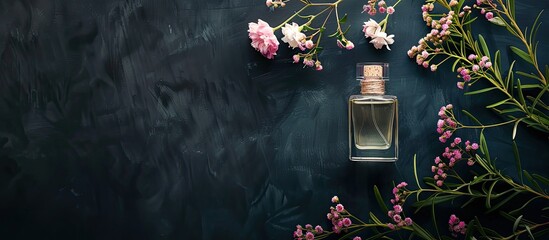 Poster - Luxurious perfume bottle with flowers on a black background in a flat lay composition providing copy space image