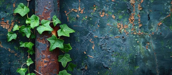 Wall Mural - green ivy intertwined along a worn iron pole in a charming scene with copy space image potential
