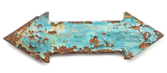 Aufkleber - Rusty iron plate with peeling coating and scratches in cyan arrow shape on white backdrop ideal for copy space image