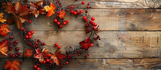 Canvas Print - Thanksgiving day concept with a heart shape made of autumn leaves and berries on a wooden background ideal for a copy space image