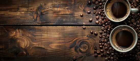 Aufkleber - Rustic wooden background with a cup of coffee and coffee beans with copy space image