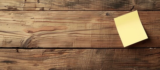 Fototapete - View from above of a wooden desk in an office workplace with a blank sticky note set against a backdrop suitable for copy space image