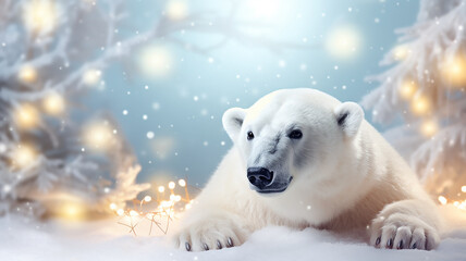 Sticker - polar bear on Christmas background with lights and blurred bokeh, happy new year letterhead with copy space