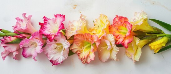 Poster - Pink and yellow gladiolus bouquet on a white backdrop Ideal for a holiday card with a floral frame and ample copy space image