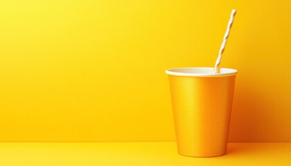 A bright yellow paper cup equipped with a straw, set against a matching yellow background