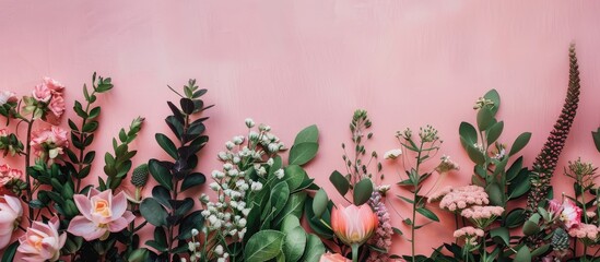 Wall Mural - nature themed background with flowers and leaves in a flat lay arrangement perfect for a copy space 