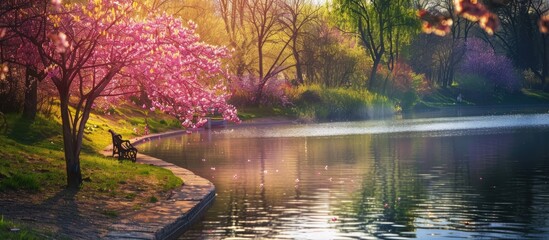Poster - River park in early spring filled with fresh blooming nature perfect for a copy space image
