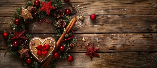 Fototapete - A rustic wooden background showcasing an Advent Christmas wreath made of natural pine a heart shaped gingerbread cookie red ornaments a cinnamon stick gold beads and star confetti all embodying a Cat