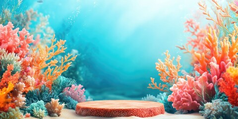 Wall Mural - Wooden Platform Surrounded by Vibrant Coral Reef in Blue Water