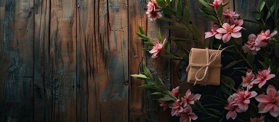Poster - A rustic wooden backdrop with a present and blooms creates a charming copy space image