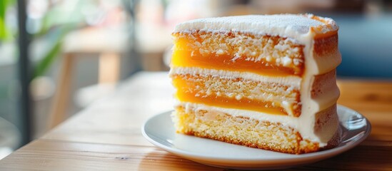 Poster - Selective focus on a Three Layers Rich Egg Yolk Cake with Jam between them Spiku or Lapis Surabaya Incorporates a copy space image for content