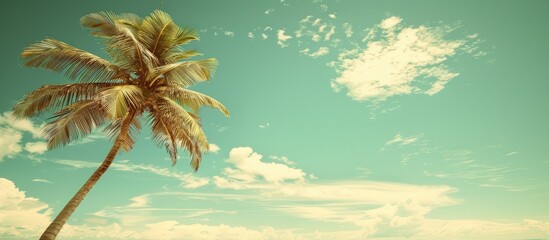 Poster - Tropical beach scene with a palm tree against a blue sky and white clouds creating a vintage style color filtered image perfect for summer vacation and business travel concepts featuring a copy space