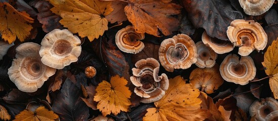 Wall Mural - Mitrula paludosa a fungus found in bog swamps thrives on decaying leaves from spring to summer with a square copy space image