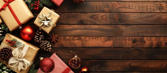 Poster - Overview of Christmas presents on a wooden backdrop with a space for inserting images. Creative banner. Copyspace image