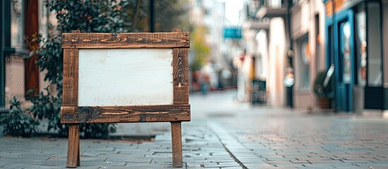 Poster - A wooden sign with empty white space for text set on a sidewalk stand offers a versatile copy space image