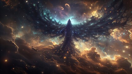 Wall Mural - inspiring celestial being with outstretched wings, embodying the mystery and power of the universe; 