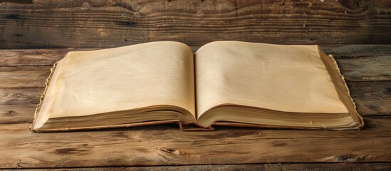Fototapete - Wooden table hosting an open book featuring blank pages with copy space image