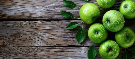 Leinwandbilder - Fresh ripe green apples displayed beautifully on a wooden table with ample copy space image