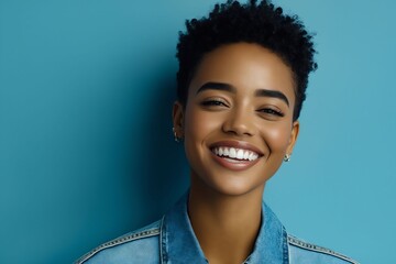 Wall Mural - A smiling woman wearing a denim jacket