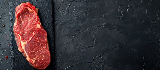 Poster - View from above of a raw striploin steak on black stone backdrop with space for text or image. Creative banner. Copyspace image