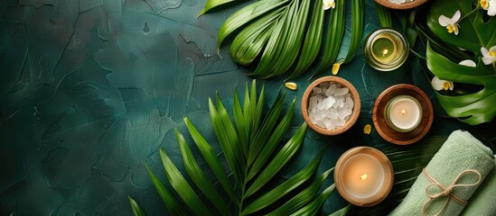 Aufkleber - Spa themed elements displayed on a backdrop of banana leaf with copy space image