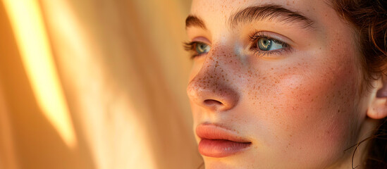 Wall Mural - Close-up portrait of a beautiful girl with freckles on her face