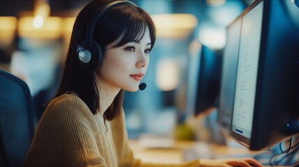 Wall Mural - A woman wearing a headset sitting at a desk in front of a computer