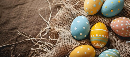 Poster - Easter themed painted eggs creatively arranged on burlap and straw with a copy space image included