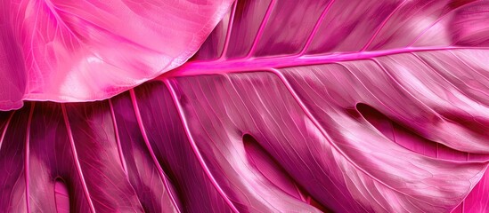 Fototapete - Vibrant hot pink vein runs through a big tropical leaf creating an eye catching contrast and adding interest to the copy space image