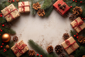 Christmas background with gifts and decorations on a white table, space for text. A Christmas frame border made of red and gold ornaments, snowflakes, pine branches, and red stars. A flat lay top view