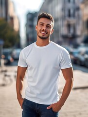 Wall Mural - Man standing in blank cotton white t-shirt mockup against city street background. Lifestyle clothing template