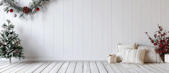 Poster - Background of a white wall and wooden floor with wide open space for your decorations and cozy pillows perfect for Christmas with room for a copy space image