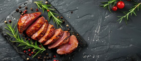 Poster - Slices of pork spiced with blood for a lunchtime meal preparation with a copyspace image