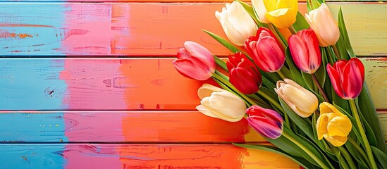 Poster - Top down view of a vase with lovely tulips displayed on a colorful wooden table with copy space image