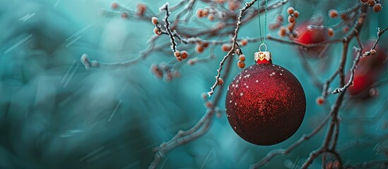 Poster - A traditional red Christmas ball decoration symbolizing joy during the festive winter holidays suitable for a close up photo with copy space image