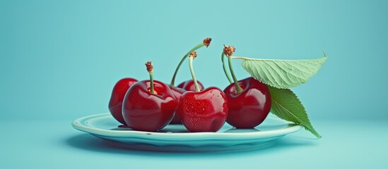 Aufkleber - A ripe cherry placed on a visually appealing plate against a blue backdrop portrays the natural beauty of seasonal fruits Horizontal food photo with copy space image
