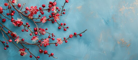 Leinwandbilder - Plum tree branches in bloom against a blue backdrop perfect for a holiday themed image with space for text overlay at the top. Creative banner. Copyspace image