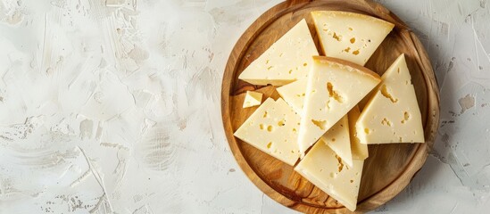 Aufkleber - Wooden plate with homemade French cheese on a light background suitable for copy space image