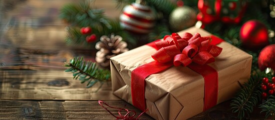 Leinwandbilder - Festive photo of a bright Christmas gift box wrapped in parchment paper with a red ribbon displayed on a wooden table with various decorations offering a delightful copy space image