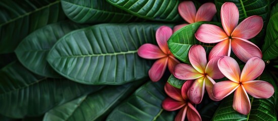 Poster - Pink frangipani flowers blooming against a backdrop of lush green leaves creating a picturesque copy space image