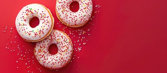 Poster - Two delectable vanilla donuts with sprinkles on a vibrant red backdrop indulgent yet delightful treats Includes room for adding text or images Top down view. Creative banner. Copyspace image