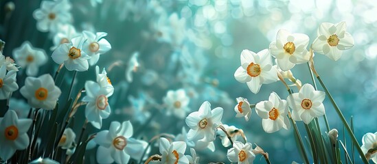 Poster - In early spring beautiful Japanese narcissus flowers bloom perfect for a serene copy space image