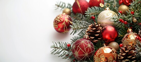 Poster - Festive Christmas decorations with a blank space for text ideal for conveying holiday wishes of joy and warmth. Creative banner. Copyspace image