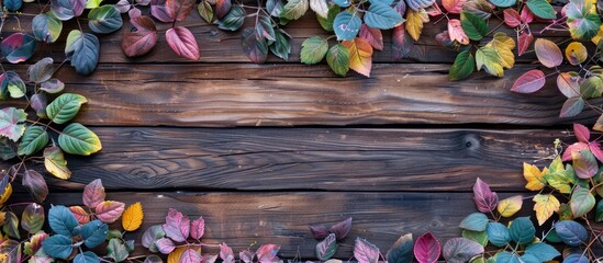 Aufkleber - Weathered wooden backdrop adorned with vibrant multicolored leaves creating an eye catching copy space image