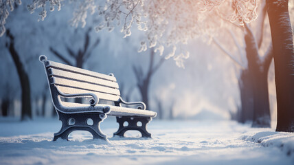 Wall Mural - winter landscape, park bench, abstract background copy space, christmas view postcard