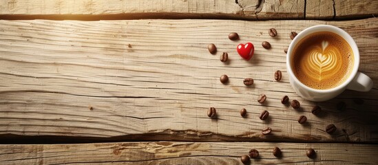 Aufkleber - Copy space image with hot coffee in a small white cup and heart shaped coffee beans on a wooden backdrop