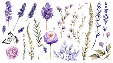 Wall Mural - lavender objects isolated on a white background, blades of grass and flowers in watercolor style, set collection