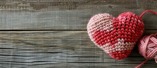 Canvas Print - Vertical Valentine s Day themed image with a crocheted pink and red heart amigurumi displayed on a wooden background next to a skein of yarn all set against a copy space