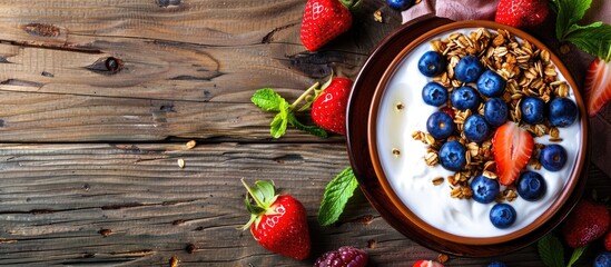 Aufkleber - A nutritious breakfast featuring granola yogurt blueberries and strawberries in a rustic setting with a wooden backdrop for a copy space image