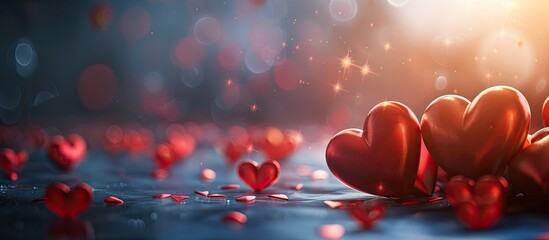 Poster - Red hearts on a dark background illuminated by sunlight with ample copy space for backgrounds